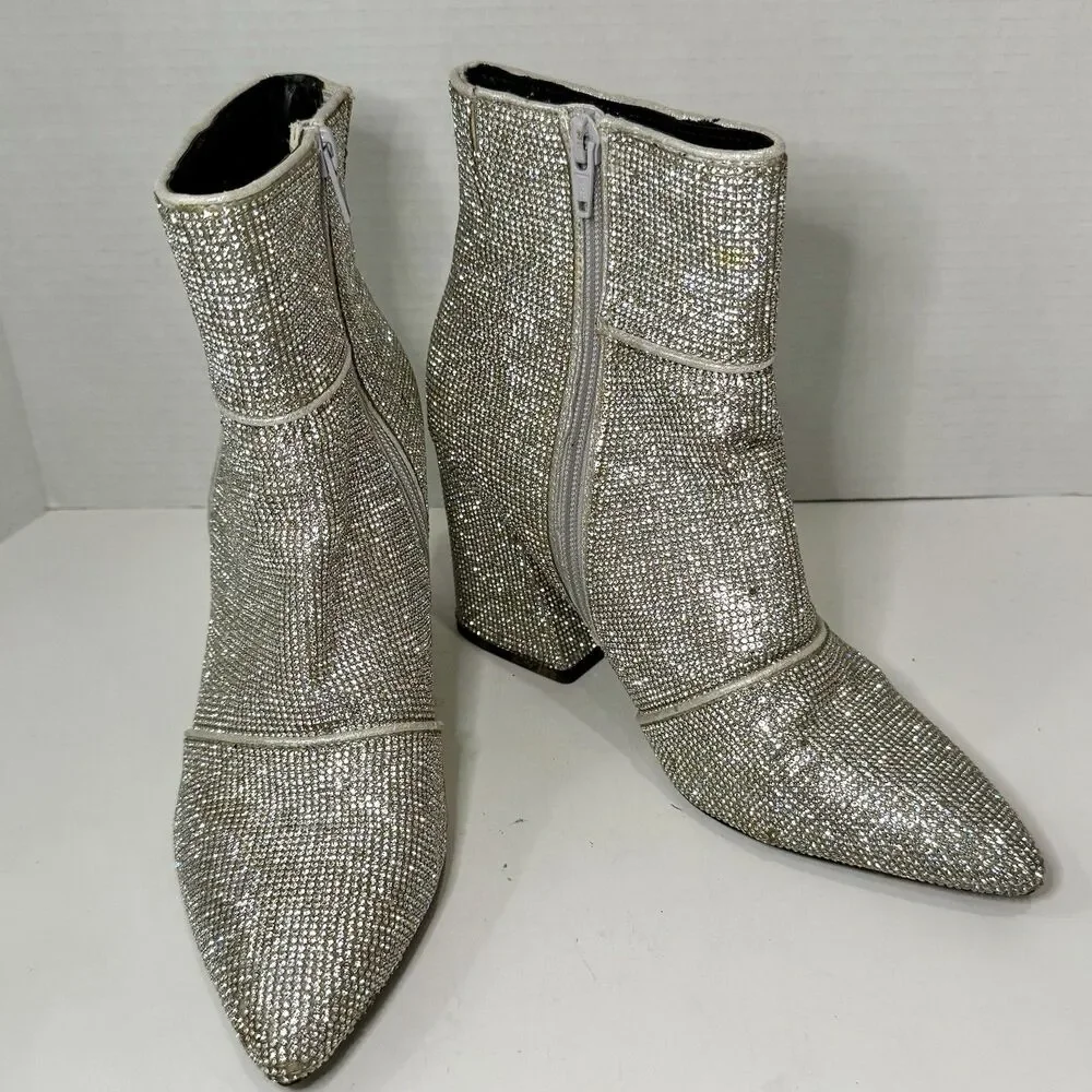 Sparkle Rhinestone Disco Ankle Boots Point Toe Block Heel Silver Women’s Size 8